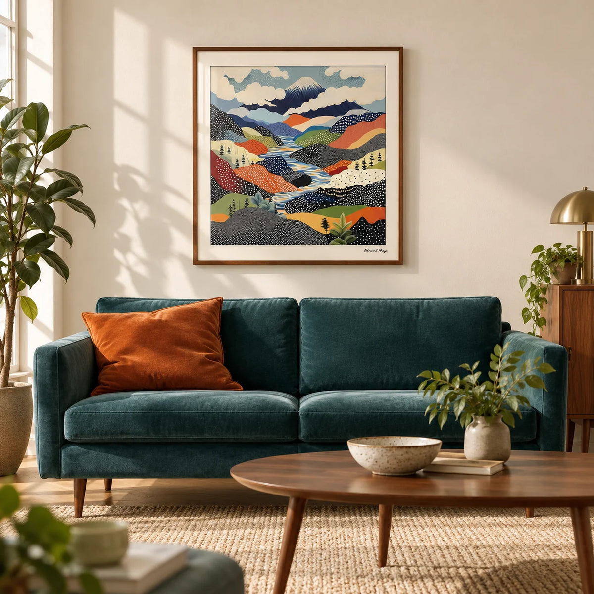 Japanese Art Prints, framed on the wall of a mid-century modern living room with a warm white wall and an oak floor