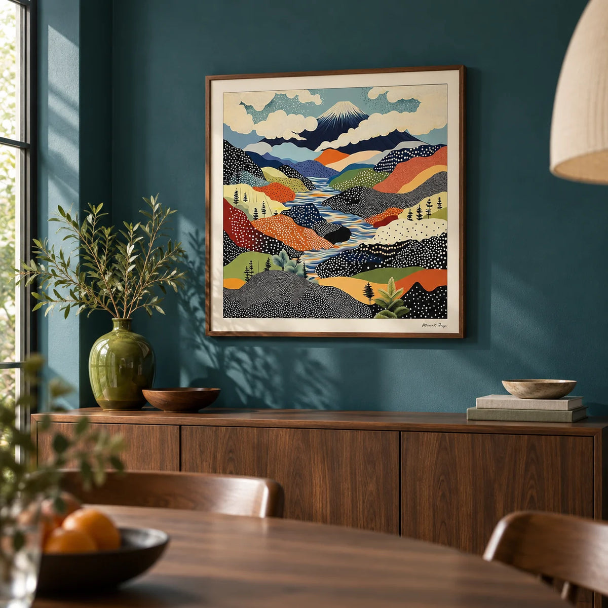Japanese Art Prints, framed on the wall of a modern dining room with a deep teal painted wall