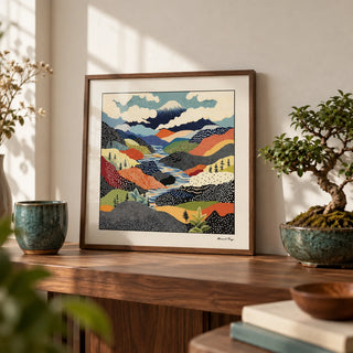 Japanese Art Prints, a small A4 framed print leaning on a walnut shelf in a living room