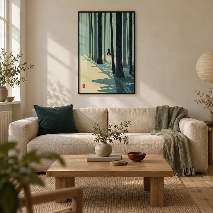 Japanese Bamboo Wall Art, framed on the wall of a calm Japandi living room in a UK terraced house with warm ivory plaster walls and pale oak floorboards