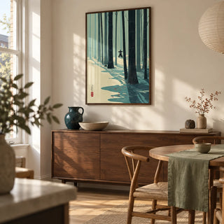 Japanese Bamboo Wall Art, framed on the wall of a compact Japanese-influenced dining room in a UK city flat with pale cream walls and a simple oak floor