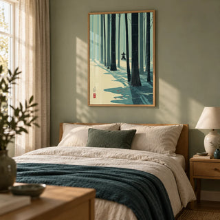 Japanese Bamboo Wall Art, framed on the wall of a peaceful main bedroom in a UK flat with a muted sage wall and woven linen curtains