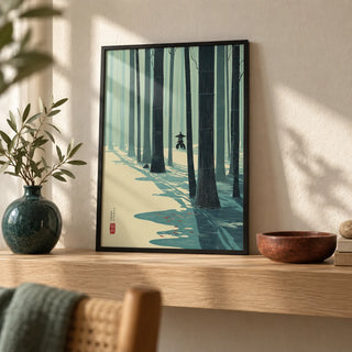 Japanese Bamboo Wall Art, a small A4 framed print leaning on a pale oak shelf in a living room