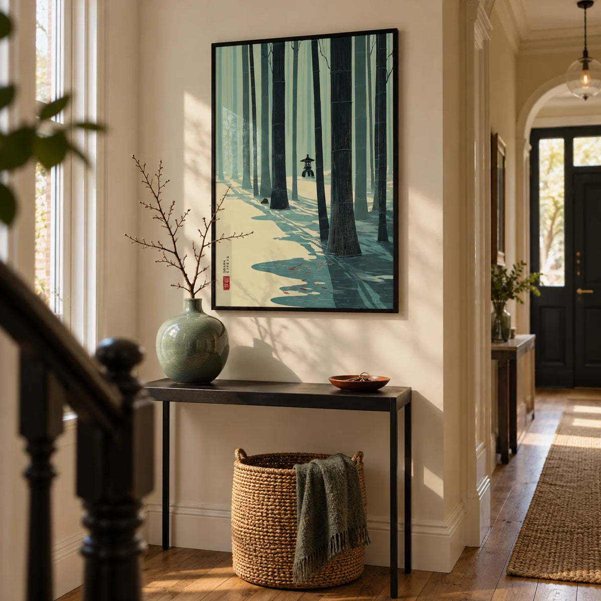 Japanese Bamboo Wall Art, framed on the wall of a welcoming narrow hallway in a renovated Victorian terrace with warm cream walls and natural oak floorboards