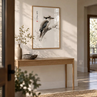 Japanese Bird Art, framed on the wall of a calm hallway