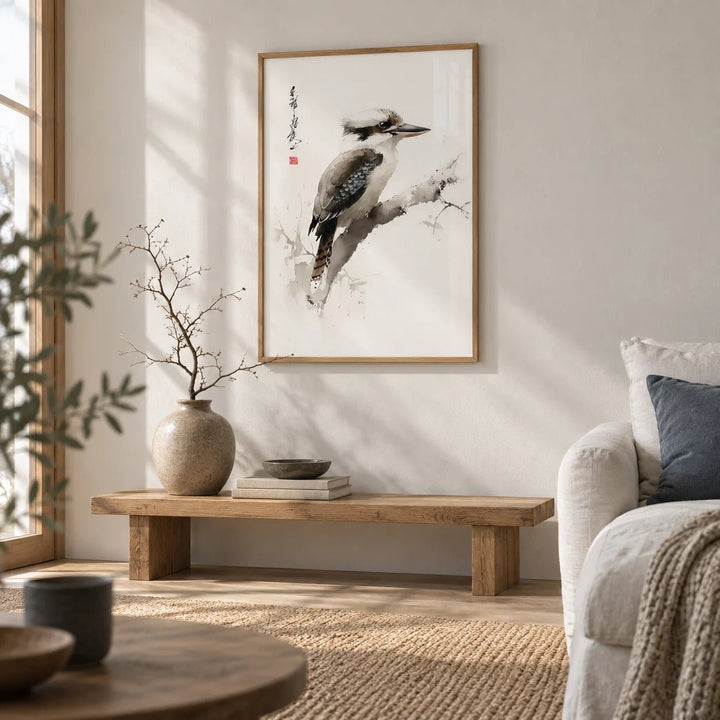 Japanese Bird Art, framed on the wall of a calm Japandi living room