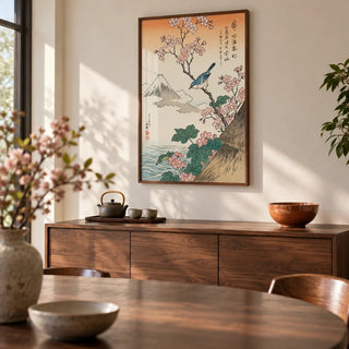Japanese Cherry Blossom Art, framed on the wall of a calm dining room with a warm white wall