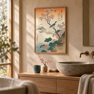 Japanese Cherry Blossom Art, framed on the wall of a calm spa bathroom with warm plaster walls and a stone basin