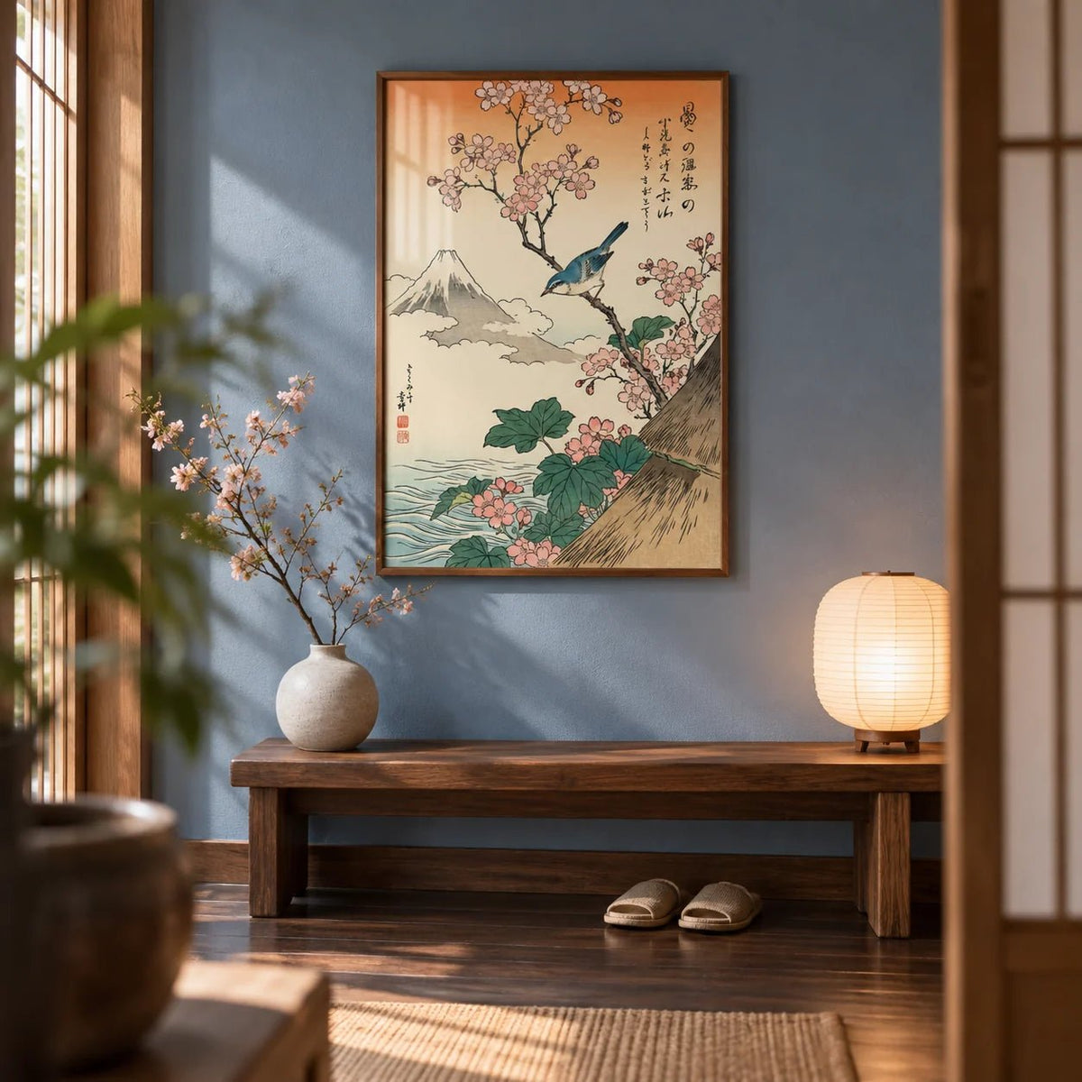 Japanese Cherry Blossom Art, framed on the wall of a Japanese-style entrance hall with dark wood floorboards and a soft blue painted wall