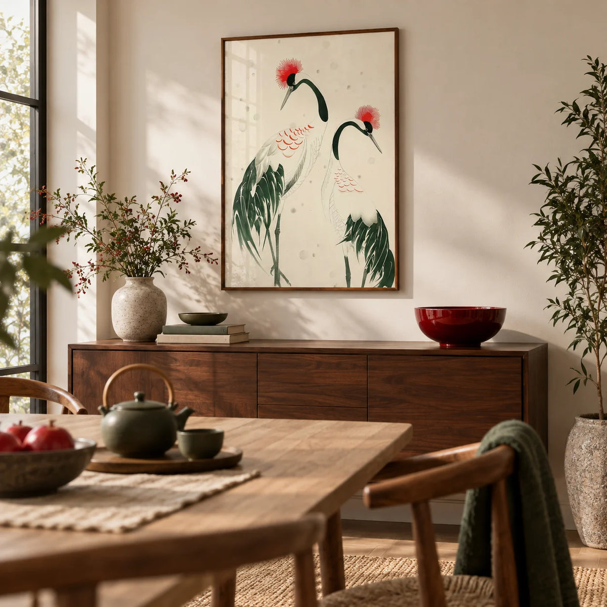 Japanese Crane Art, framed on the wall of a calm dining room
