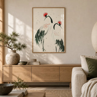 Japanese Crane Art, framed on the wall of a calm Japandi living room with a warm white limewashed wall