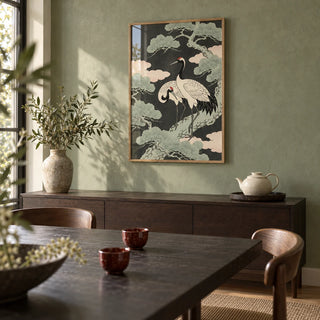 Japanese Crane Art Print, framed on the wall of a calm dining room with a sage green limewashed wall