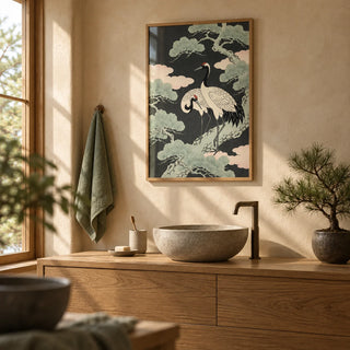 Japanese Crane Art Print, framed on the wall of a calm Japanese-style bathroom