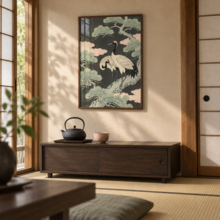 Japanese Crane Art Print, framed on the wall of a tea room with a tatami floor and sliding paper doors