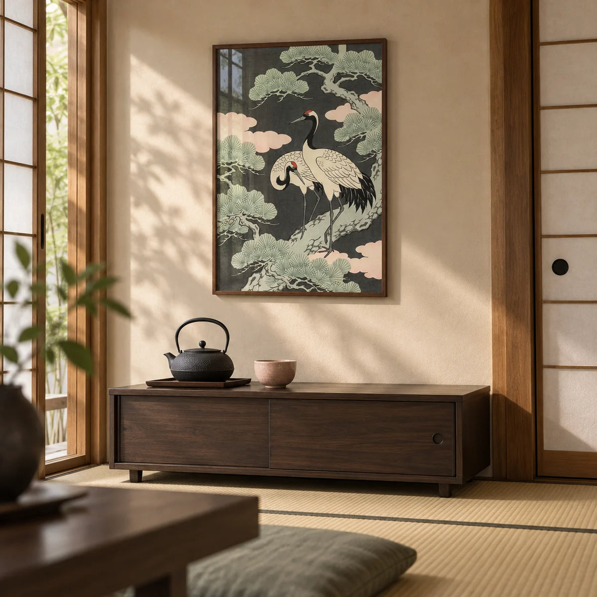Japanese Crane Art Print, framed on the wall of a tea room with a tatami floor and sliding paper doors