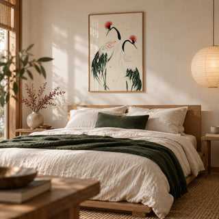 Japanese Crane Art, framed on the wall of a serene Japandi bedroom with a cream wall