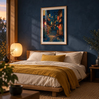 Japanese Drawing, framed on the wall of a calm Japanese-modern bedroom with an indigo blue limewashed wall