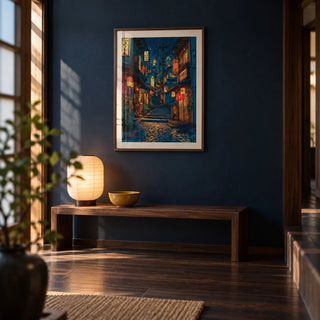 Japanese Drawing, framed on the wall of a Japanese-style entrance hall with dark wood floorboards and a navy painted wall