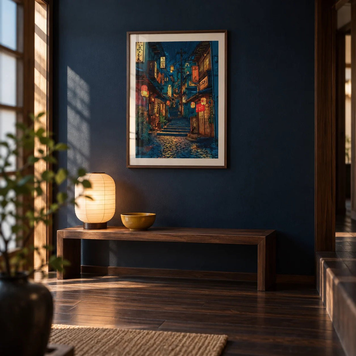 Japanese Drawing, framed on the wall of a Japanese-style entrance hall with dark wood floorboards and a navy painted wall