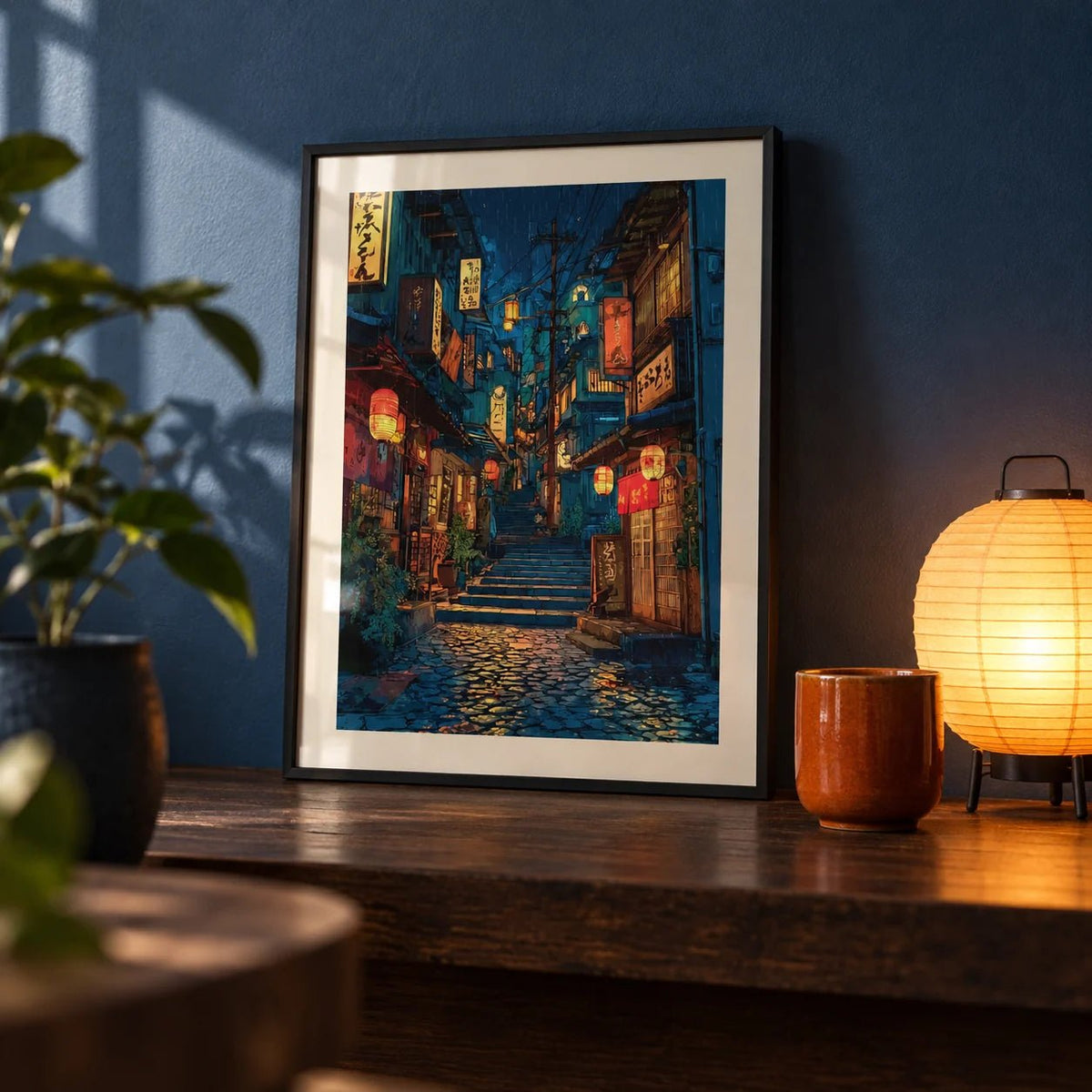 Japanese Drawing, a small A4 framed print leaning on a dark wood shelf in a living room