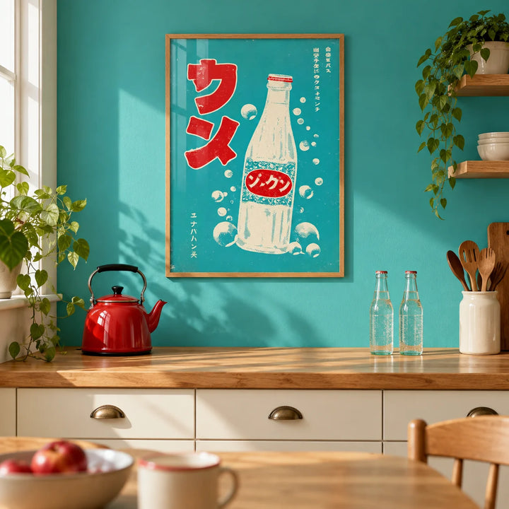 Japanese Drink Art, framed on the wall of a bright retro-modern kitchen with cream cabinets and a plain turquoise painted wall