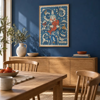 Japanese Ebisu Wall Art, framed on the wall of a calm dining room with a cobalt blue painted wall