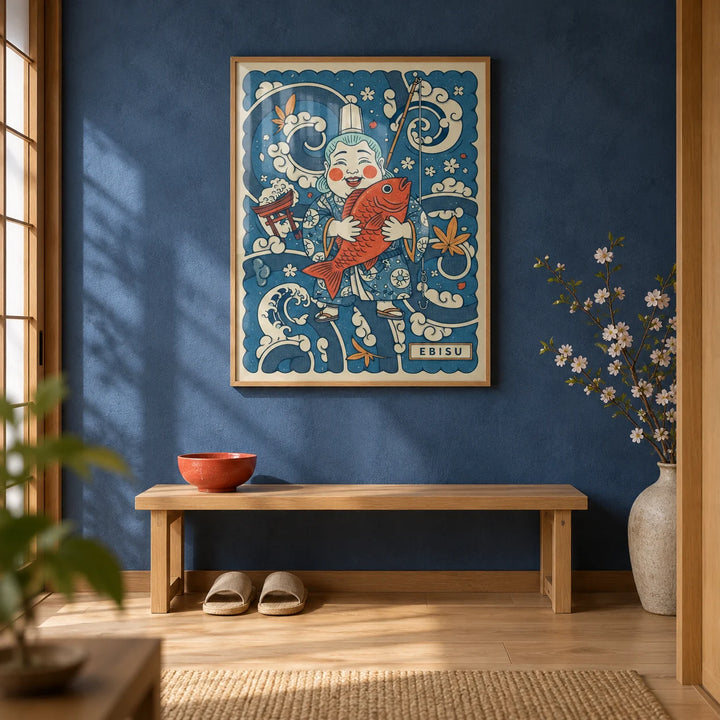 Japanese Ebisu Wall Art, framed on the wall of a Japanese-modern entrance hall with an indigo blue limewashed wall and pale oak floorboards