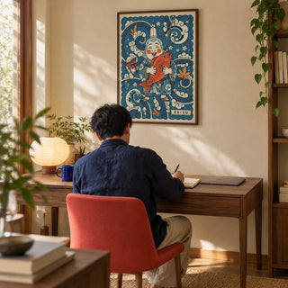 Japanese Ebisu Wall Art, framed on the wall of a Japanese-modern home office with a warm cream wall