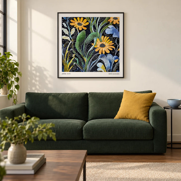 Japanese Floral Print, framed on the wall of a modern living room in a UK city flat with a warm white wall and walnut floor