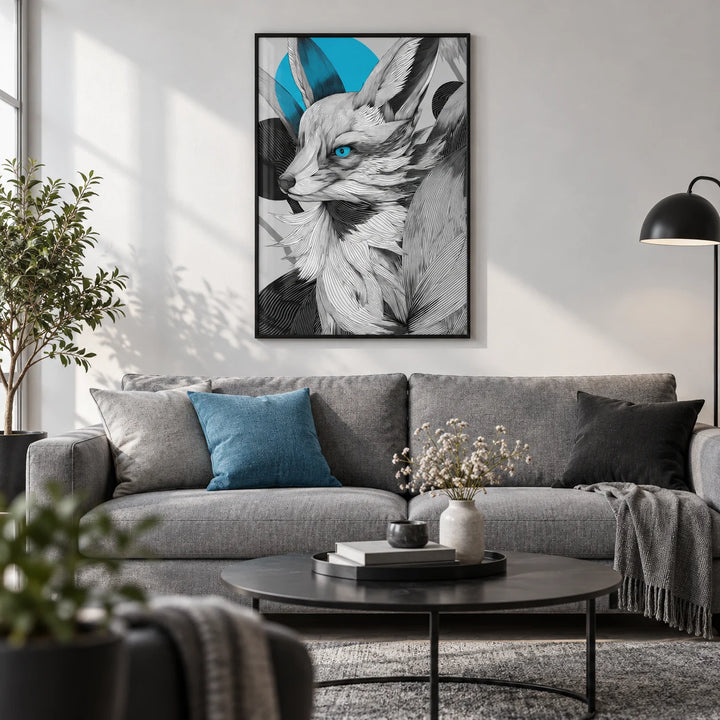 Japanese Fox Print, framed on the wall of a modern monochrome living room with a white wall