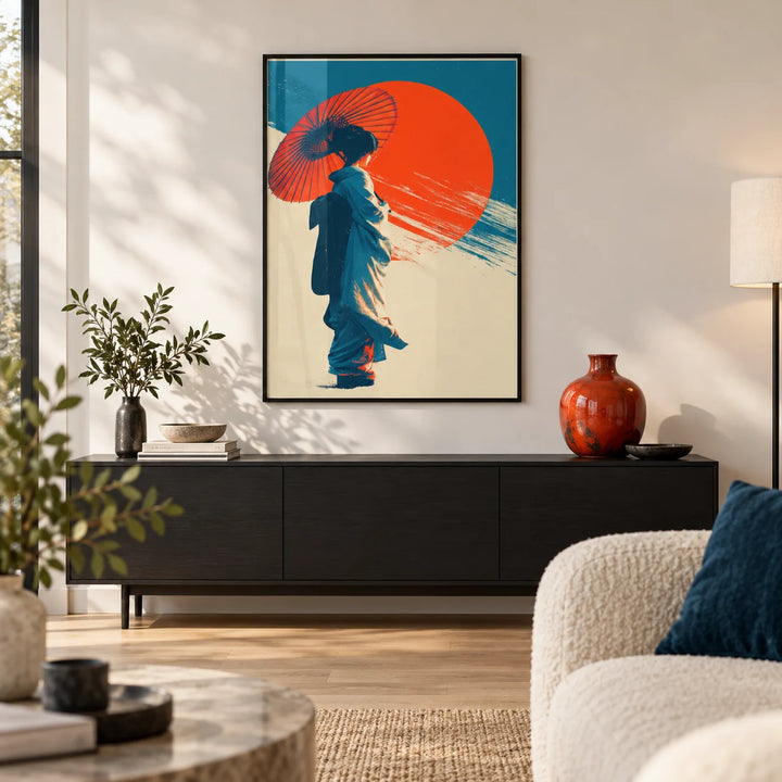 Japanese Geisha Pop Art, framed on the wall of a modern design-led living room with a white wall and a pale oak floor