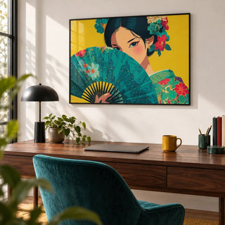 Japanese Geisha Wall Art, framed on the wall of a design-led home office