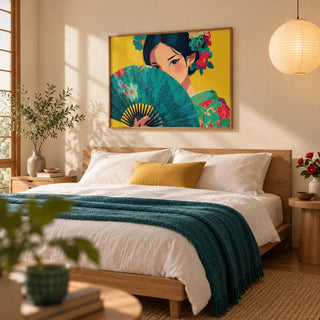 Japanese Geisha Wall Art, framed on the wall of a Japanese-modern bedroom with a warm cream wall