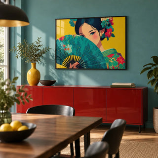 Japanese Geisha Wall Art, framed on the wall of a modern dining room with a soft teal painted wall