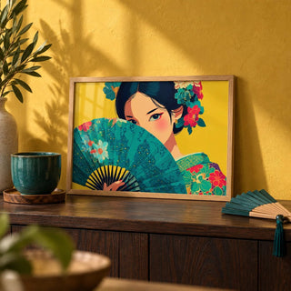 Japanese Geisha Wall Art, a small A4 framed print leaning on a dark oak sideboard in a living room