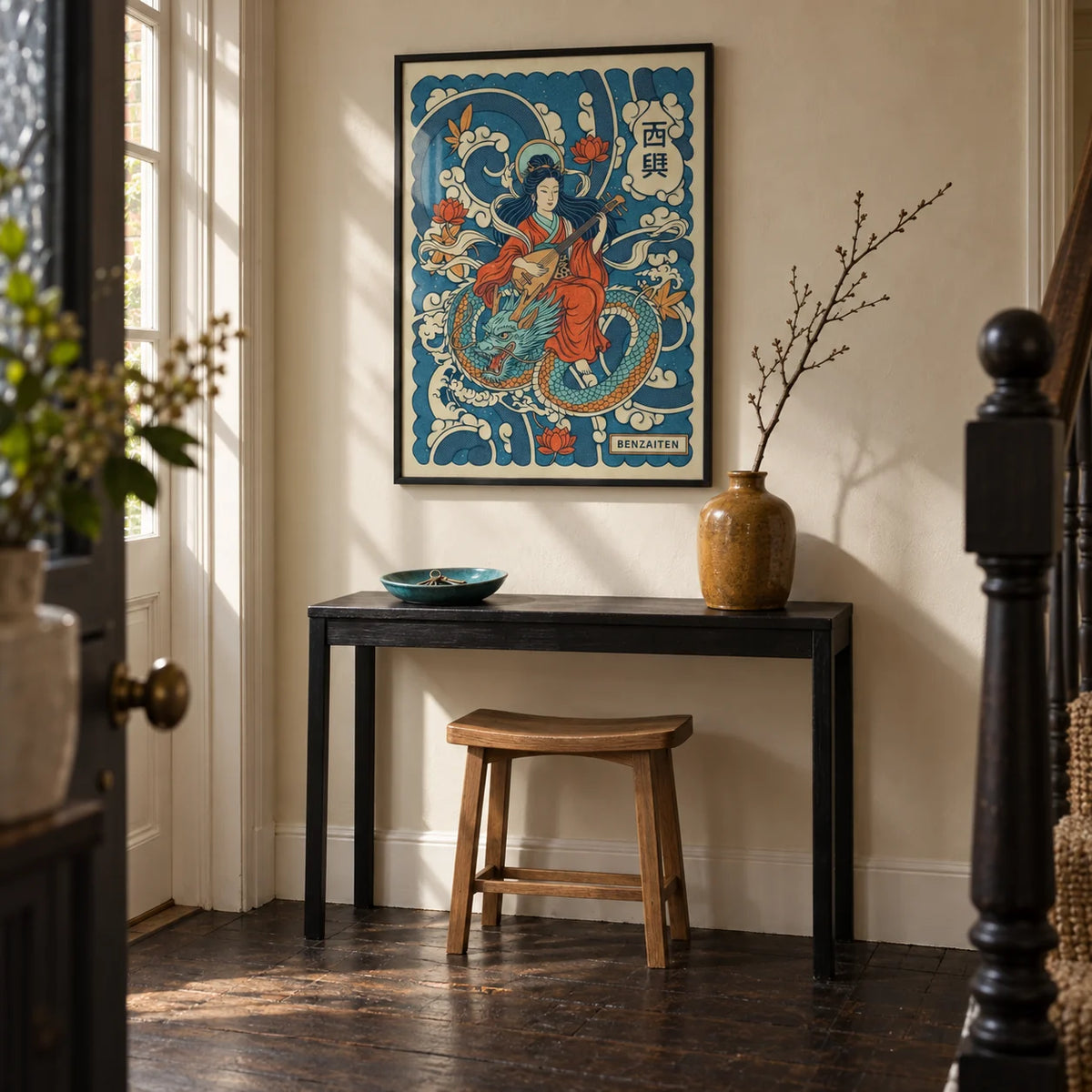 Japanese Goddess Wall Art, framed on the wall of a characterful entrance hallway in a renovated UK terrace with cream plaster walls and dark timber floorboards