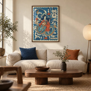 Japanese Goddess Wall Art, framed on the wall of a considered Japanese-influenced living room in a UK city flat with warm cream plaster walls and walnut floorboards