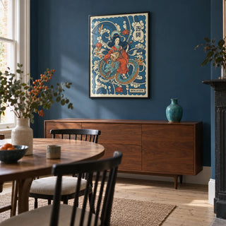Japanese Goddess Wall Art, framed on the wall of a modern dining room in a Victorian terrace with a muted deep blue wall and pale timber floor