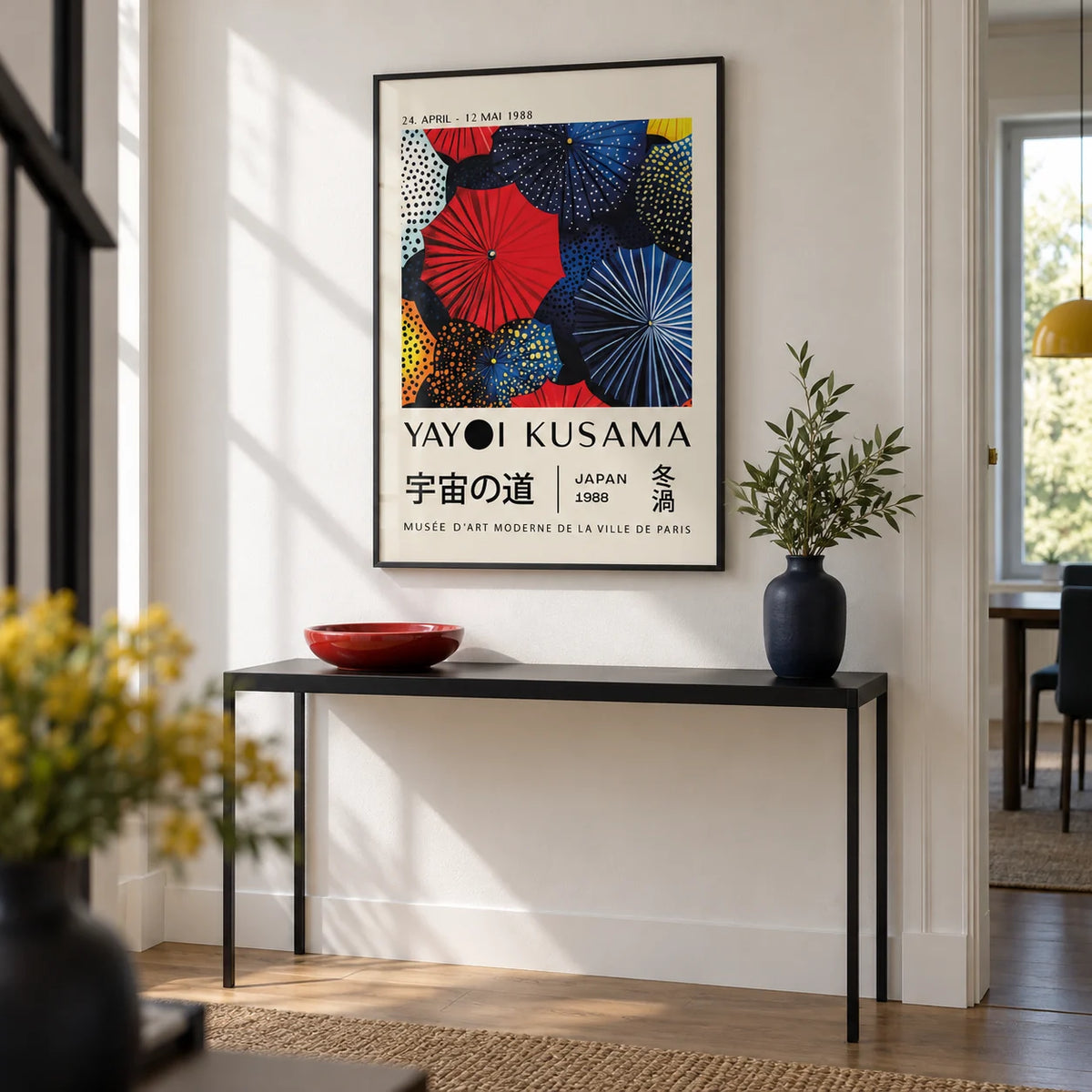 Japanese Home Decor, framed on the wall of a crisp hallway with a white wall