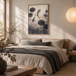 Japanese Ink Art, framed on the wall of a serene Japandi bedroom