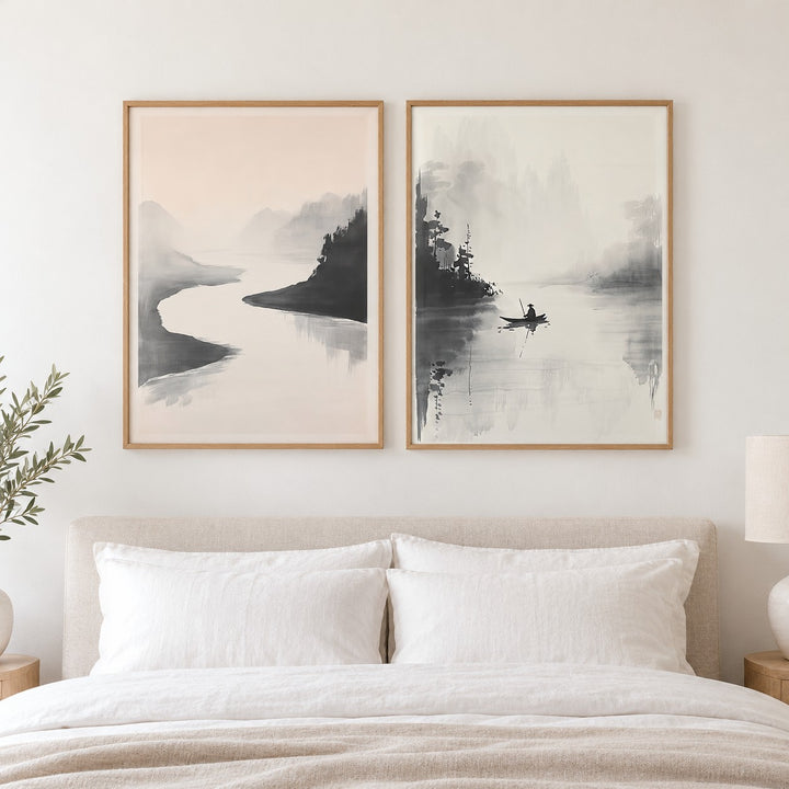 Japanese Ink Landscape Prints Set of 2 hung at eye level above a bed in a calm bedroom: River Quiet and River Stillness shown framed side by side (frames not included)