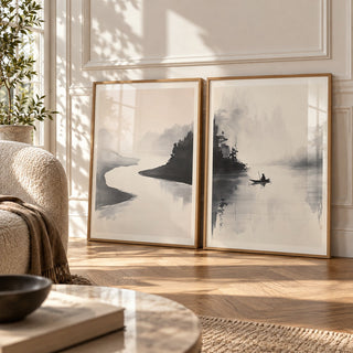 Japanese Ink Landscape Prints Set of 2 styled leaning against a white panelled wall on herringbone parquet: River Quiet and River Stillness shown framed side by side (frames not included)