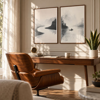 Japanese Ink Landscape Prints Set of 2 styled above a walnut desk with a cognac leather chair in a mid-century study: River Quiet and River Stillness shown framed side by side (frames not included)