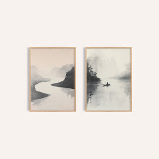 Japanese Ink Landscape Prints Set of 2: River Quiet and River Stillness side by side, two separate unframed prints