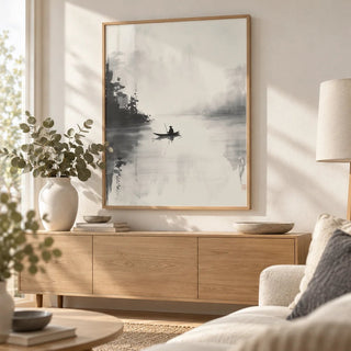 Japanese Ink Painting, framed on the wall of a bright Scandinavian living room