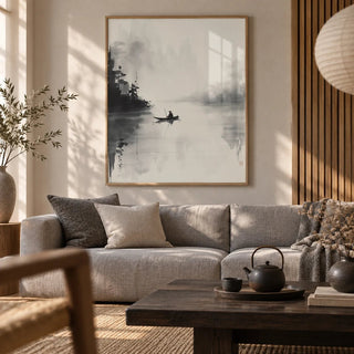 Japanese Ink Painting, framed on the wall of a quiet Japandi living room
