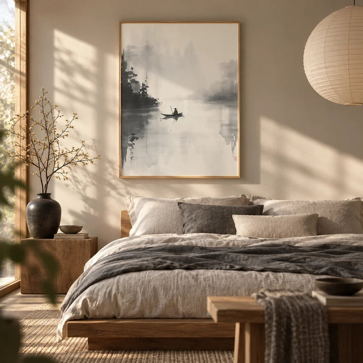 Japanese Ink Painting, framed on the wall of a serene Japandi bedroom