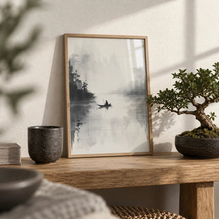 Japanese Ink Painting, a small A4 framed print leaning on a low oak bench in a living room
