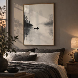 Japanese Ink Painting, framed on the wall of a soft moody bedroom