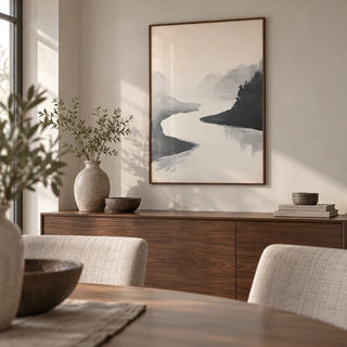 Japanese Ink Wash Painting, framed on the wall of a calm dining room
